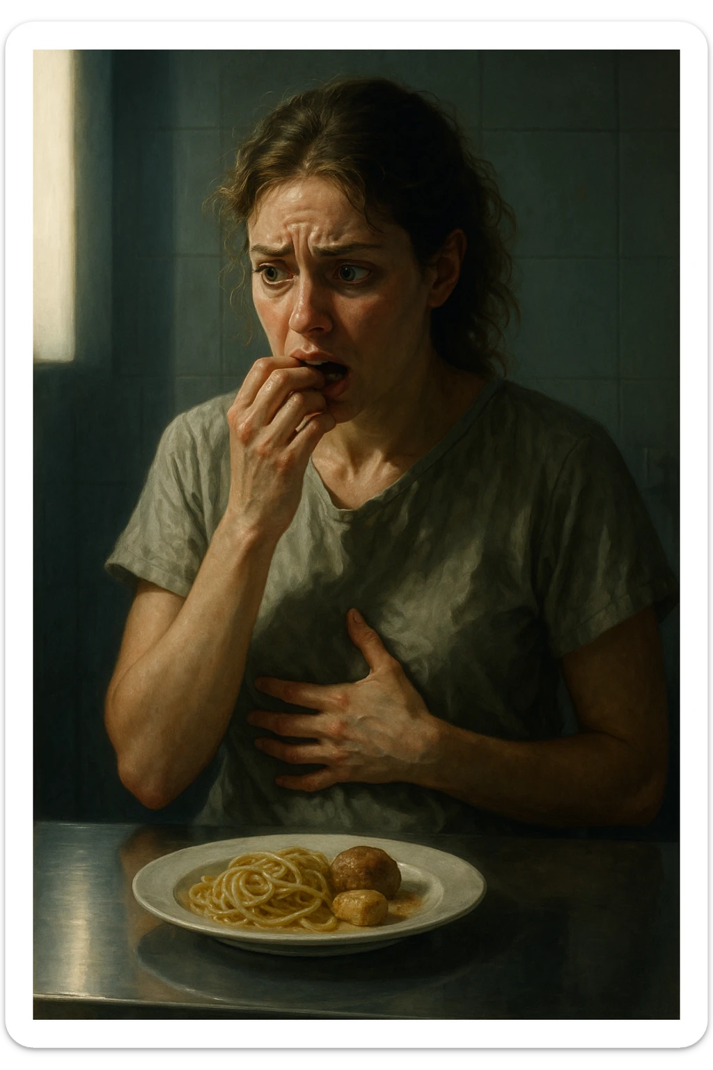 realistic illustration of a woman showing nervous hunger during menstrual cycle, posture and gestures suggesting desire to eat, clinical atmosphere, dramatic lighting, no text, vertical 2:3 format sticker