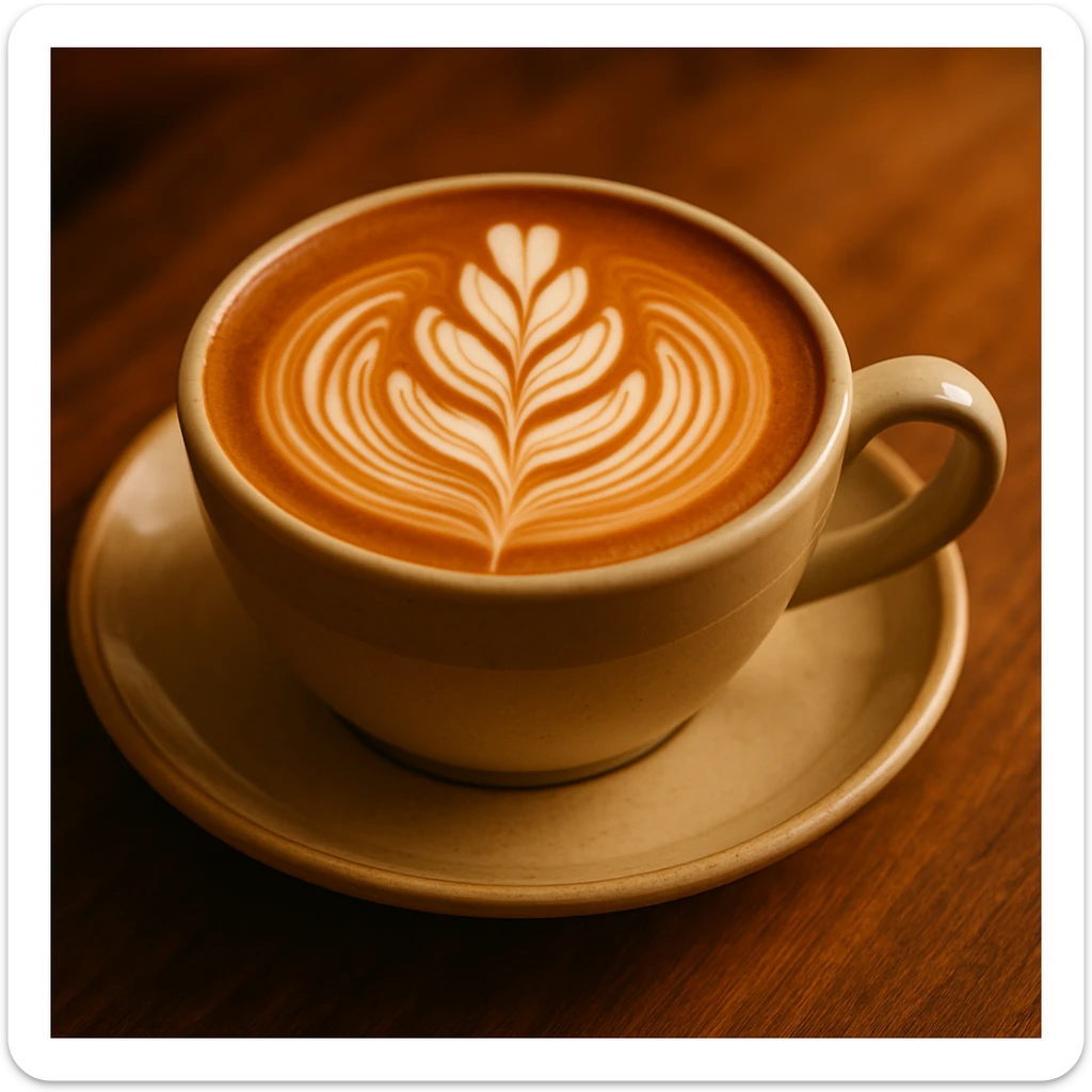 Add a rosette foam art style to the coffee latte, keep the warm and inviting atmosphere. Maintain the cozy and warm look of the original image. sticker