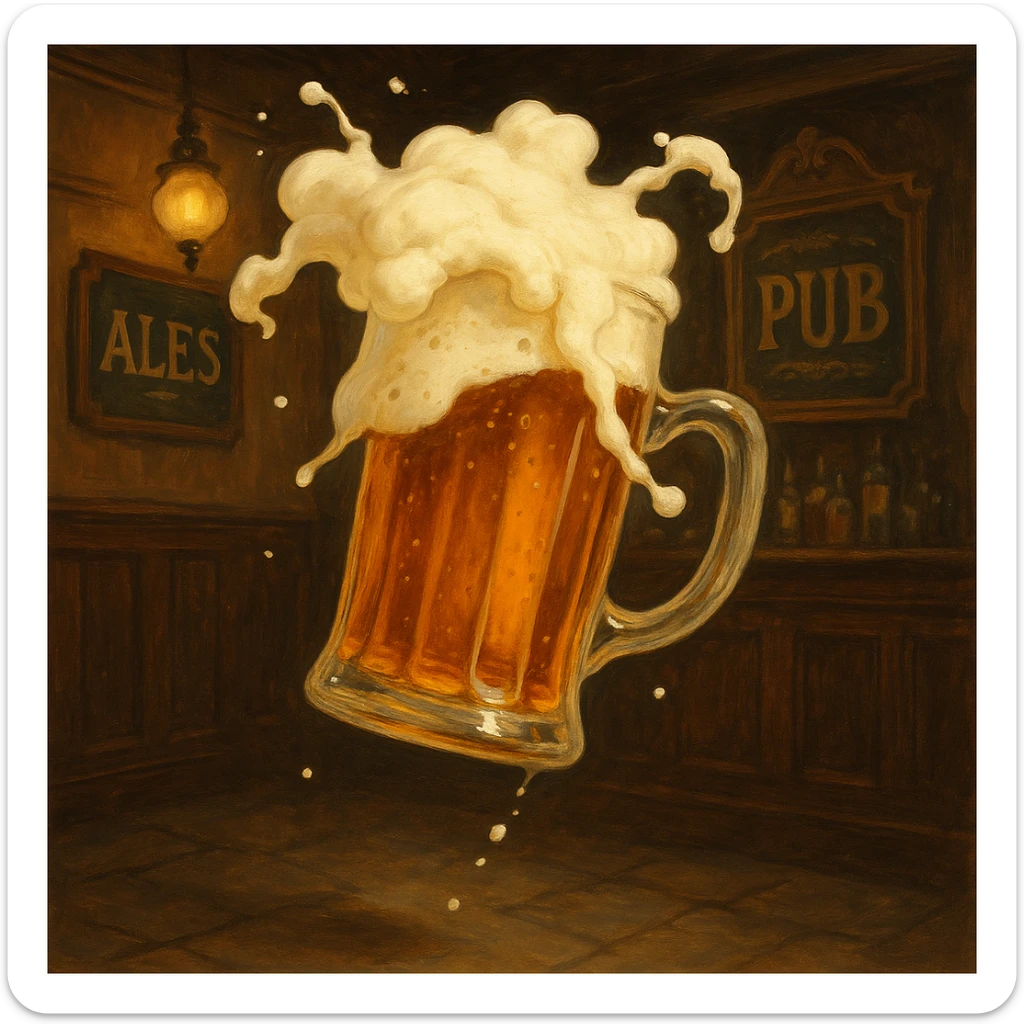 A pint of beer with foam spilling, floating in the air, whimsical and slightly surreal, traditional English pub theme sticker