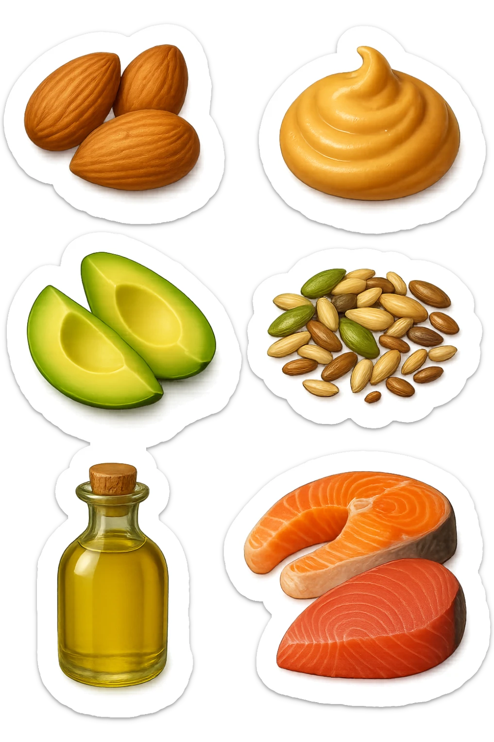 EMOJI STILE IPHONE DI
Frutta secca (mandorle, noci macadamia)
Burro di frutta secca (es. burro di arachidi)
Avocado (in piccole porzioni)
Semi
Olio extravergine d’oliva
Pesce grasso (salmone, tonno)
, fluttuano in aria REALISTICA 4K sticker