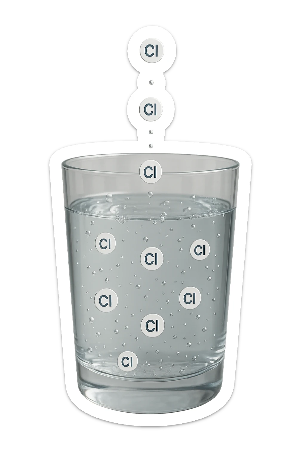 un bicchiere di acqua fluttua in aria realistico e dettagliato, dentro l'acqua del bicchiere ci sono particelle di cloro ben visibili con la scritta "Cl" sopra, ci sono particelle anche che escono dal bicchiere e fluttuano in aria verticalmente, mentre alcune sono all'interno dell'acqua nel bicchiere, iperrealistico 4k sticker