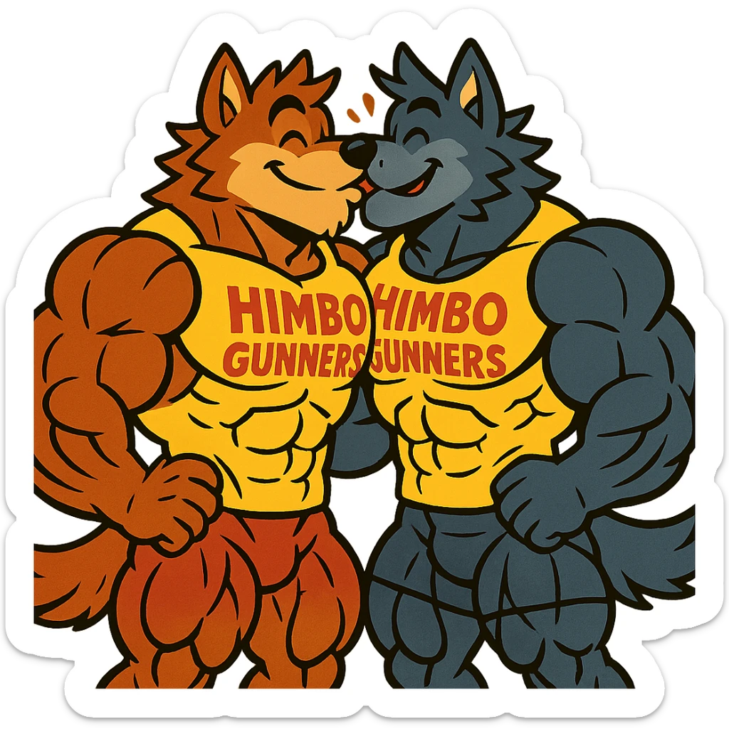 pair of ultra-muscular wolf furries wearing 'Himbo gunners' t-shirts, kissing, cheerful and energetic, very large, defined, and detailed muscles, ultra high quality sticker