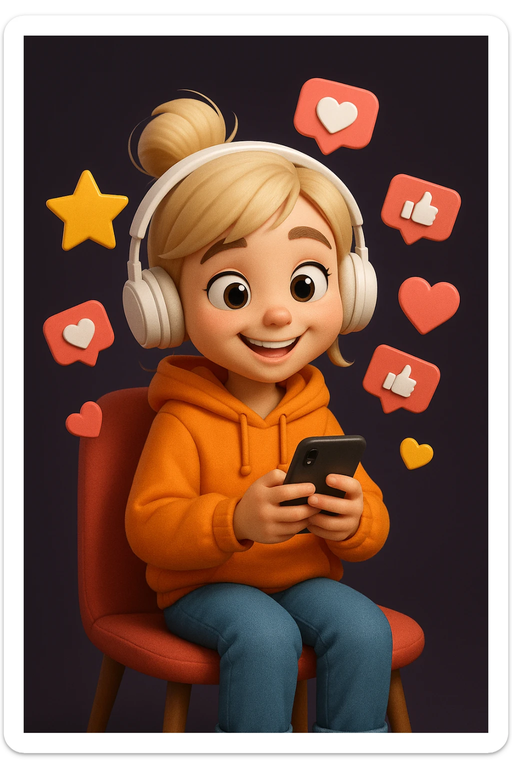 Create a detailed Generation Z girl character in a cartoonish 3D style with a happy expression, wearing an orange hoodie, sitting on a red chair, holding a smartphone in her hands and surrounded by floating icons of stars, likes and hearts.
The character should have stylised light hair, large expressive eyes, white on-ear headphones and a soft, expressive Pixar-style look.
Depict the character in full, centred in the frame, with even studio lighting, soft shadows
and a clean dark purple background for contrast. sticker