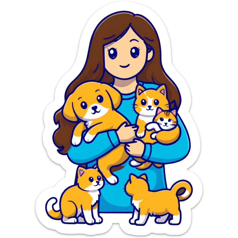 Beautiful woman with long brown hair holding a golden retriever and three cats sticker