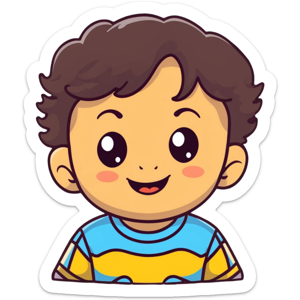 happy smiling toddler face with big eyes, medium skin tone, and dark wavy hair sticker