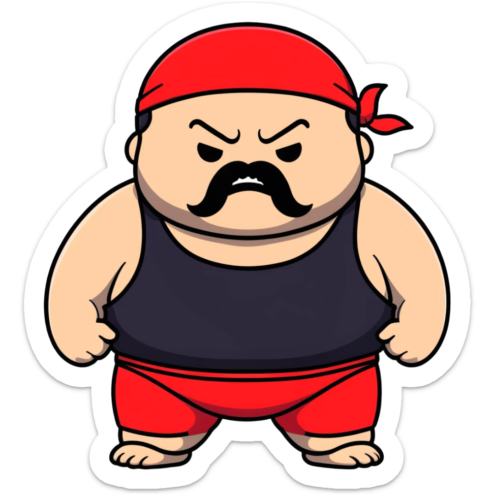 Close-up of morbidly obese white skin guy with young face, prominent BLACK DURAG tied clearly on head, distinct black beard and mustache, no muscle, black eyes in a red and black wrestling singlet with angry face sticker