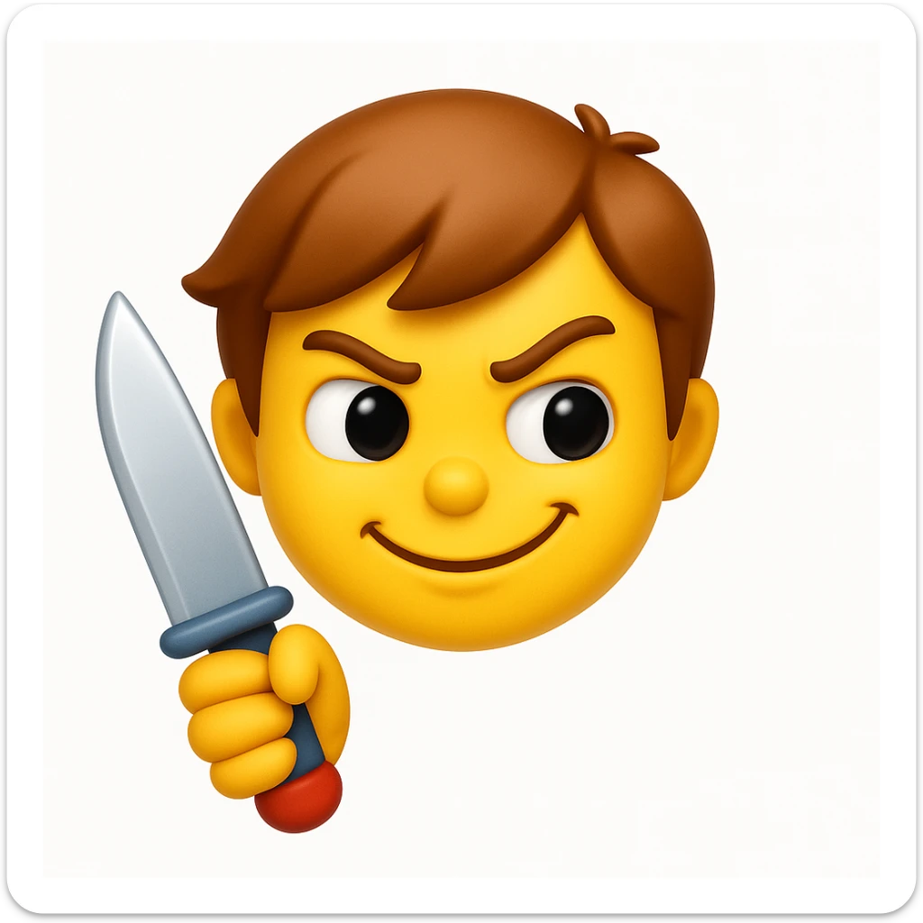 A 3D emoji in iOS emoji aesthetic style of a mischievous character holding a toy knife, with a playful smirk and cartoonish expression, not scary, bright colors, glossy surface, soft lighting, clean white background.
 sticker