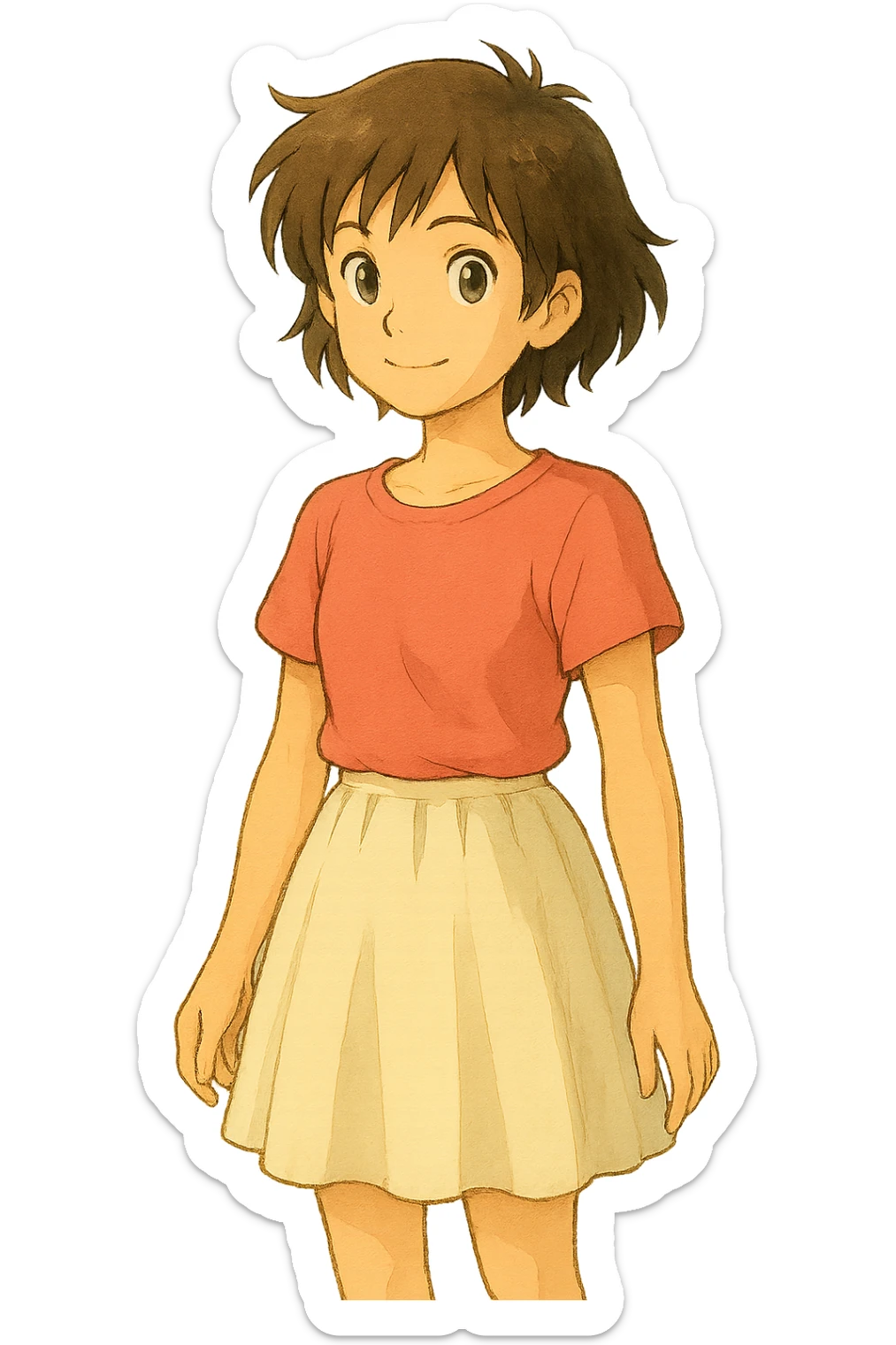 A young person with slightly longer hair, a shorter skirt, and a slightly shorter blouse, in Ghibli style, with a transparent background. sticker