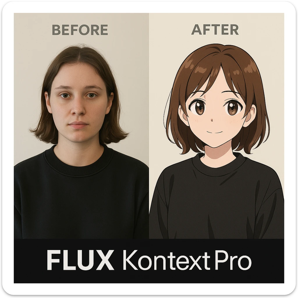 create before after image of a girl before is realsitic photo, after is anime version of her in same pose and clothes, add logo with text of a "FLUX Kontext Pro" sticker