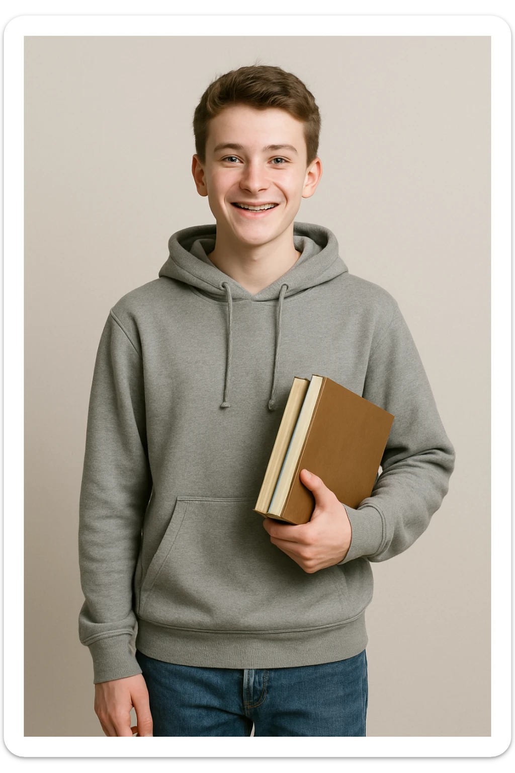 white teenage boy student, wearing a hoodie and jeans, smiling, holding books, simple background sticker
