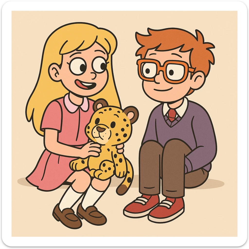 A Girl yellow hair Baby dresses pink school uniform white knee highs sock brown loafer girls shoes plushie Cheetah a boy orange glasses with shirt pjumper purple a pink red tie shoe sticker