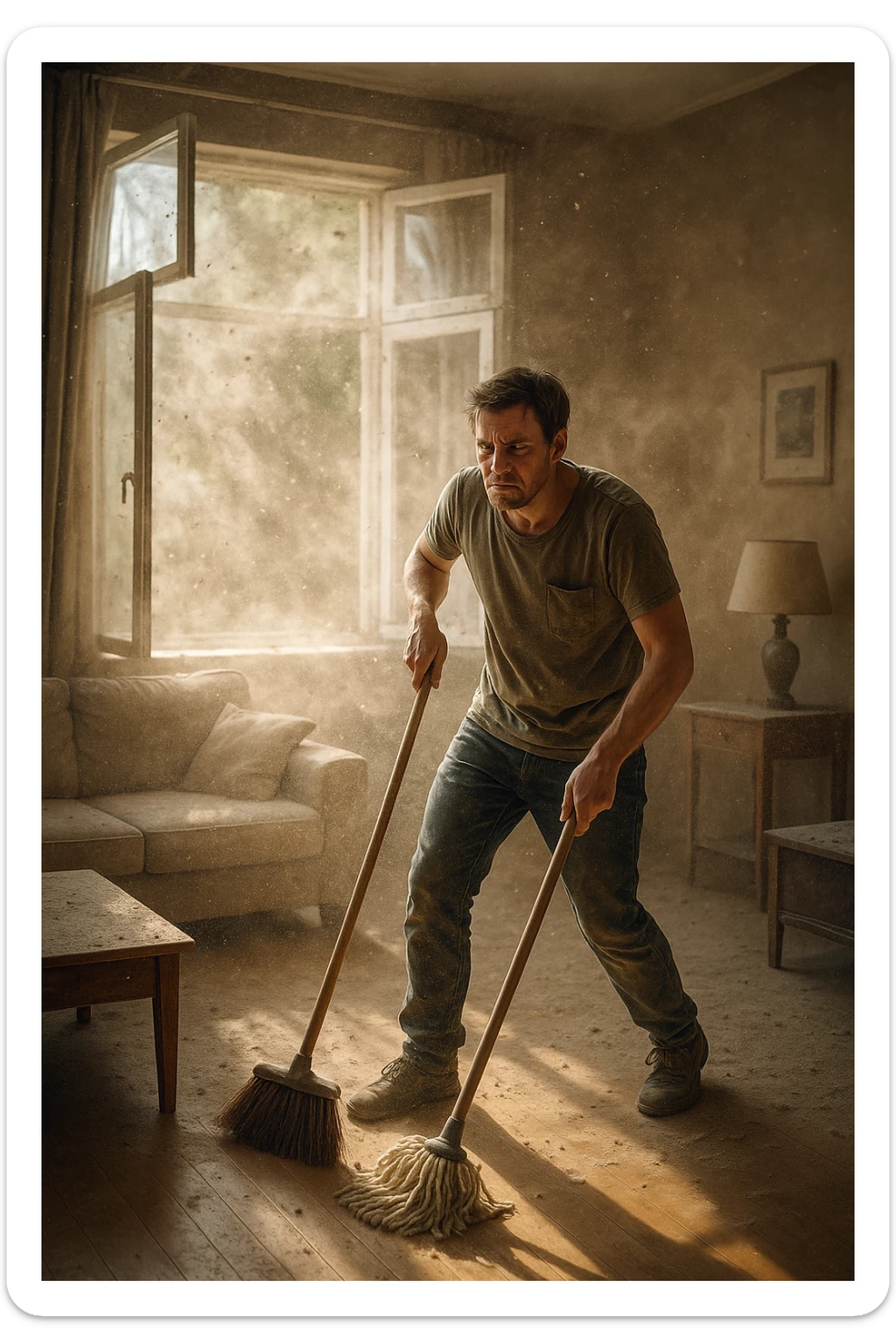 A realistic, cinematic image of a person cleaning a living room with a mop and broom, windows wide open letting in a strong gust of wind. Through the open windows, thick clouds of dust, pollen, and small debris visibly swirl into the room, floating in sunbeams that highlight the particles in the air. The person looks frustrated and tired, mid-action sweeping but clearly battling the incoming dust. Around the room, some furniture and surfaces already show a thin layer of dust settling. The scene is bathed in natural daylight with a slightly hazy atmosphere due to the airborne dust. The color palette uses warm, muted tones emphasizing the contrast between cleanliness efforts and the stubborn dirt and dust invading the space. The focus is on the tension between trying to clean and the unavoidable mess coming in from outside. sticker