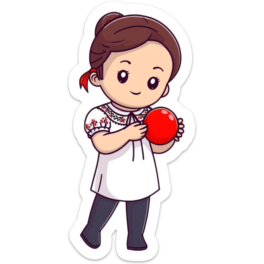 Ukrainian young girl in a white embroidered shirt holds a red ball of thread in her hand sticker