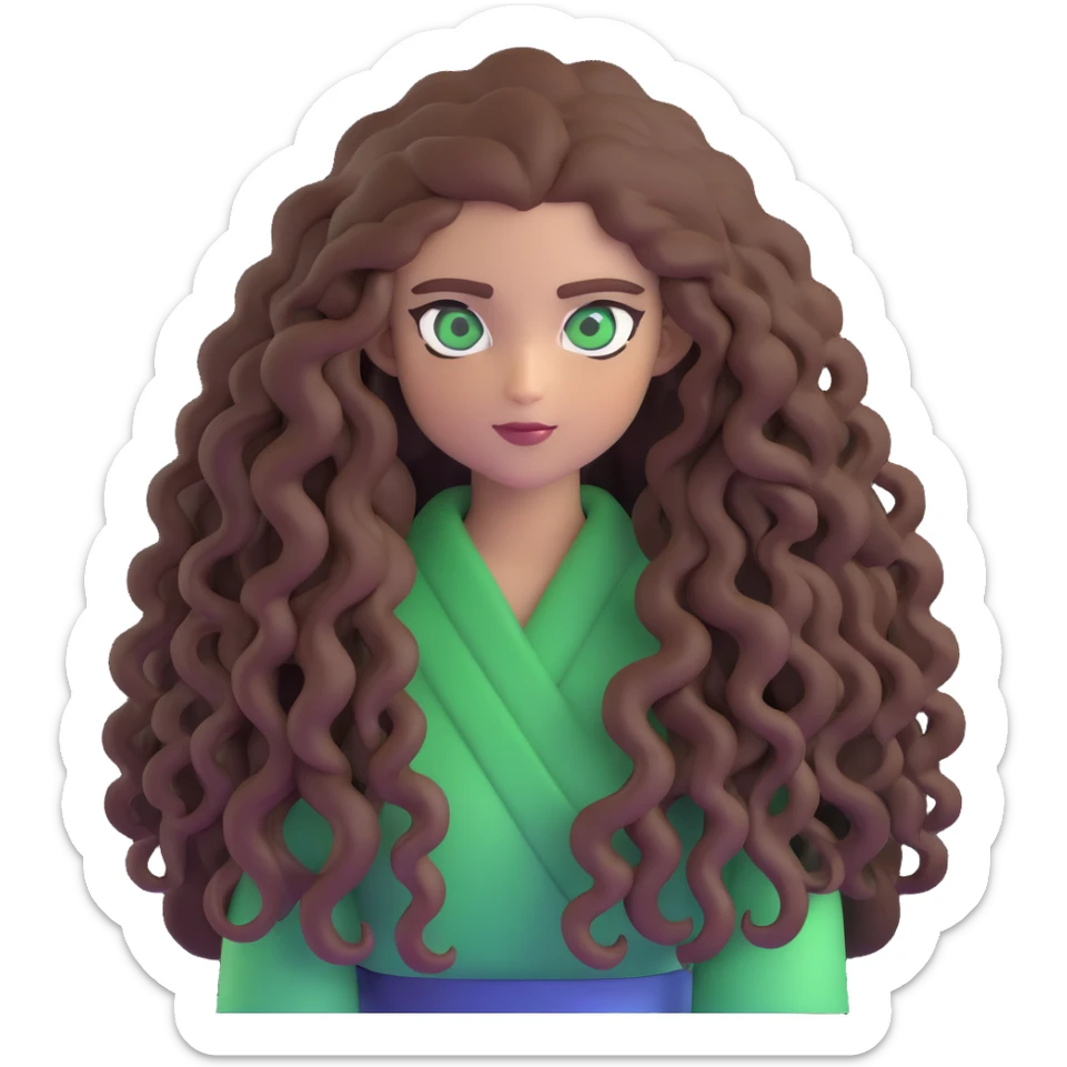 Character with extremely long enormous curly brown hair and striking green eyes sticker