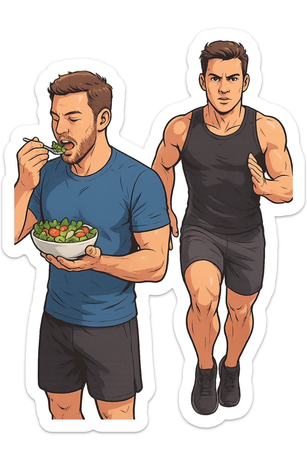 UOMO FITNESS CHE MANGIA INSALATA ACCANTO A UOMO FITNESS CHE CORRE IN POSA FRONTALE sticker