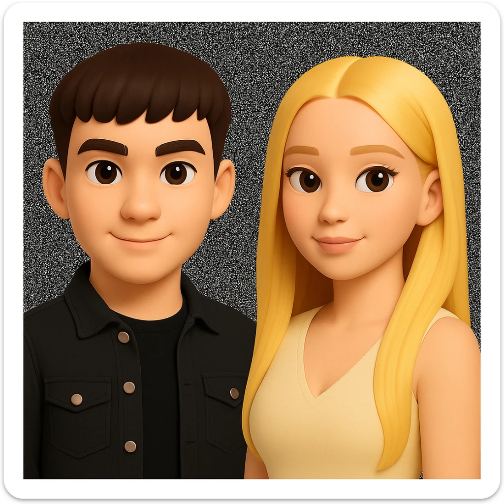 Slightly increase the volume of the upper body of the girl, separate the girl and the boy from each other, and make the skin color the same for both characters. Maintain the cartoonish 3D style in the edit. sticker