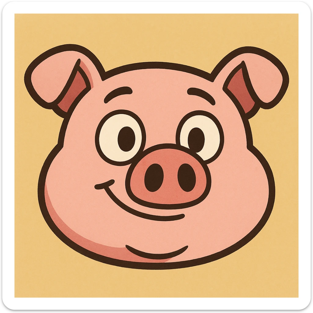 adorable pig face as an app icon, soft colors, rounded shapes, for an animal research app sticker