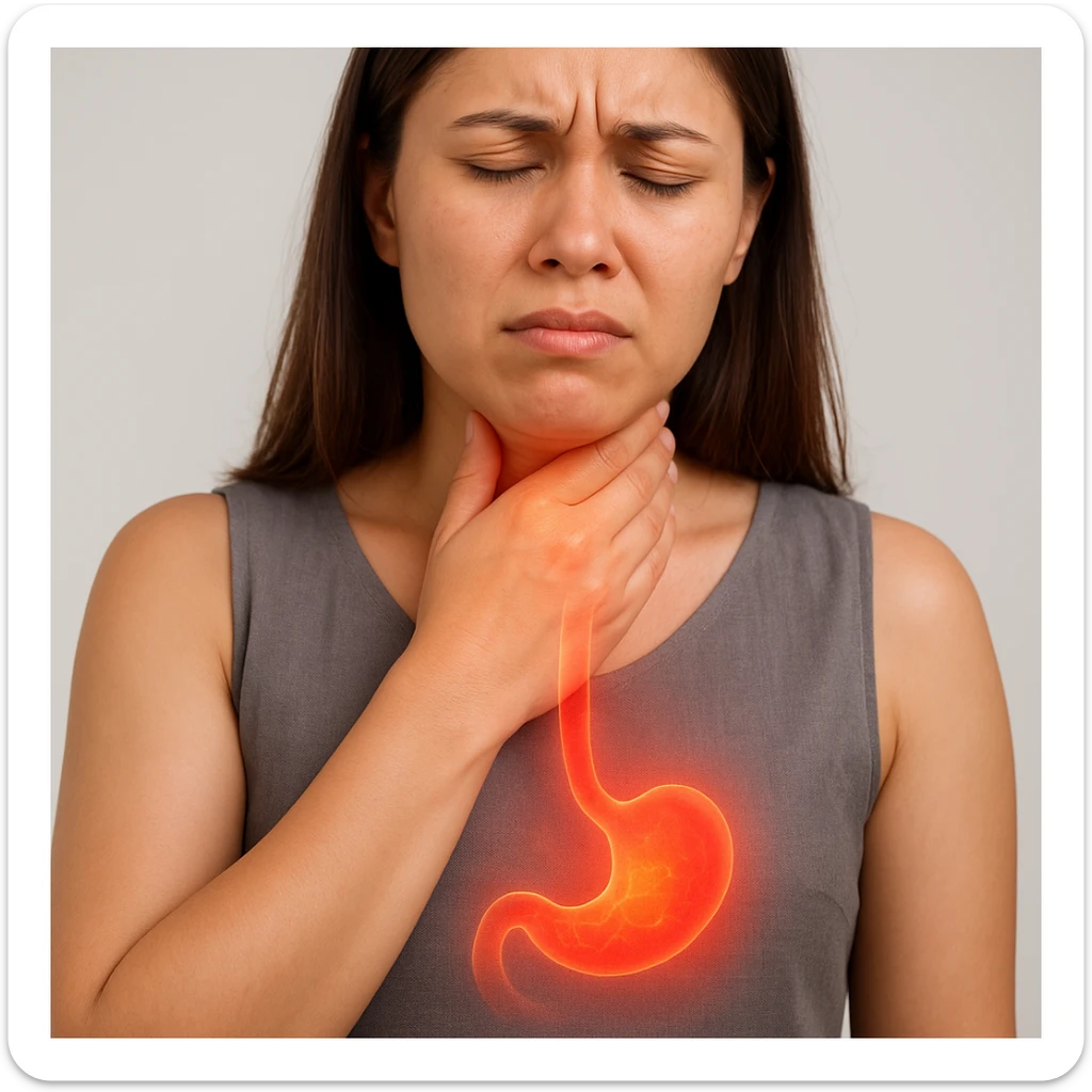 Realistic medical style image of a woman identical to the reference photo, hand on throat, expression of burning sensation, with a glowing or reddish effect rising from the stomach to the esophagus. sticker