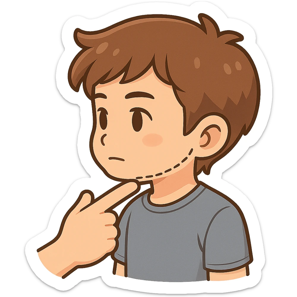Add a finger pointing to the boy's chin, keep the chibi cartoon style, with no background. sticker