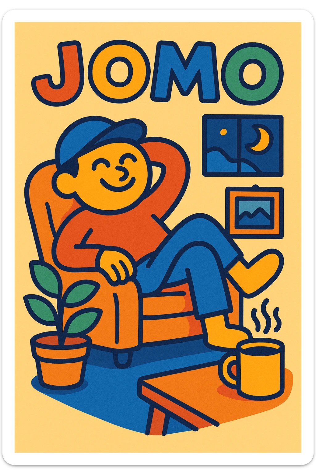 Slack emoji for JOMO, smiling character lounging at home, acronym 'JOMO' in playful text, vibrant toon style sticker