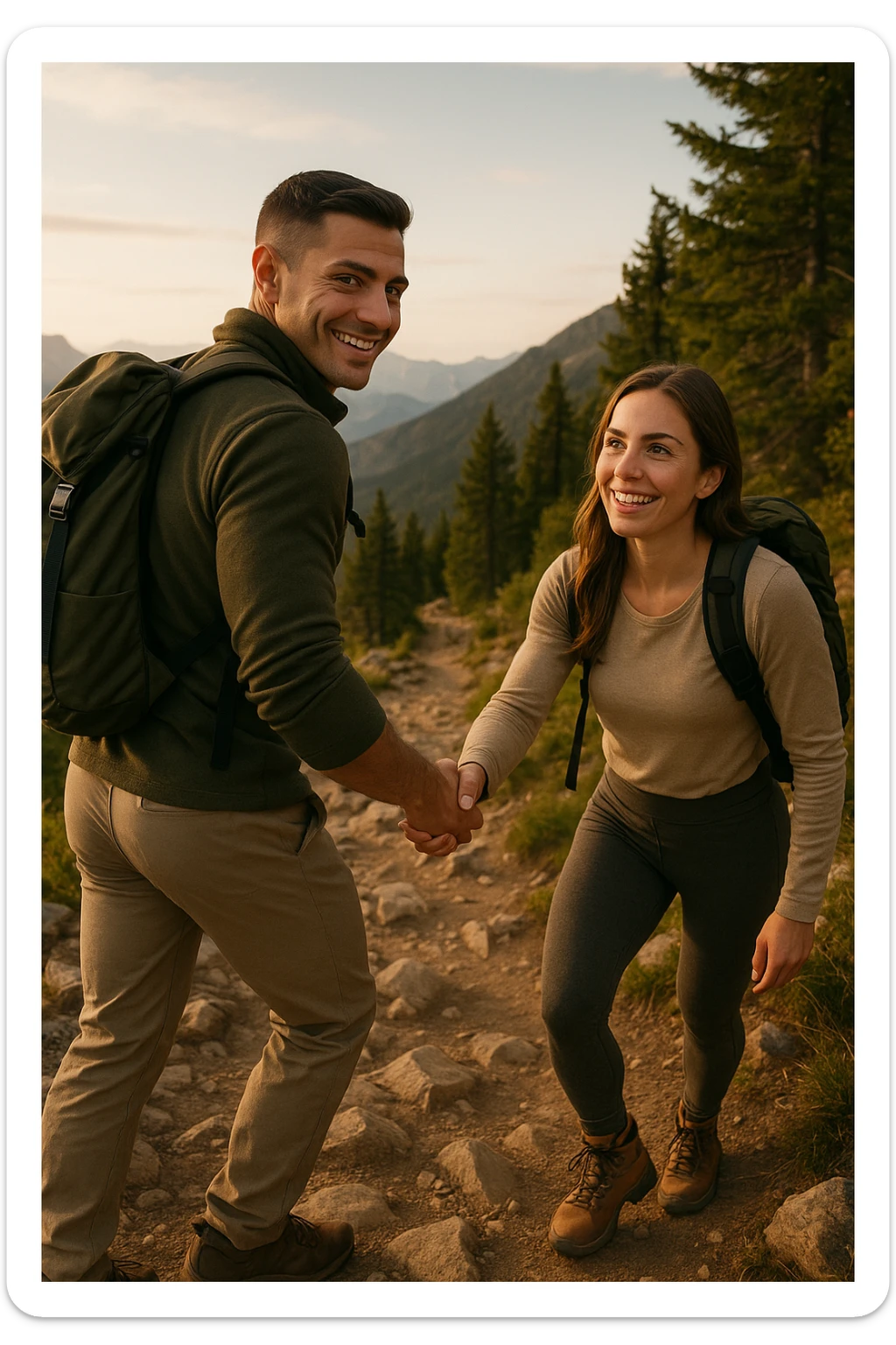 a man and woman climb a mountain trail together, the man leading but frequently looking back to ensure the woman is comfortable and supported. The woman follows with determination and a smile, symbolizing trust, encouragement, and the value of supportive leadership within a relationship. sticker