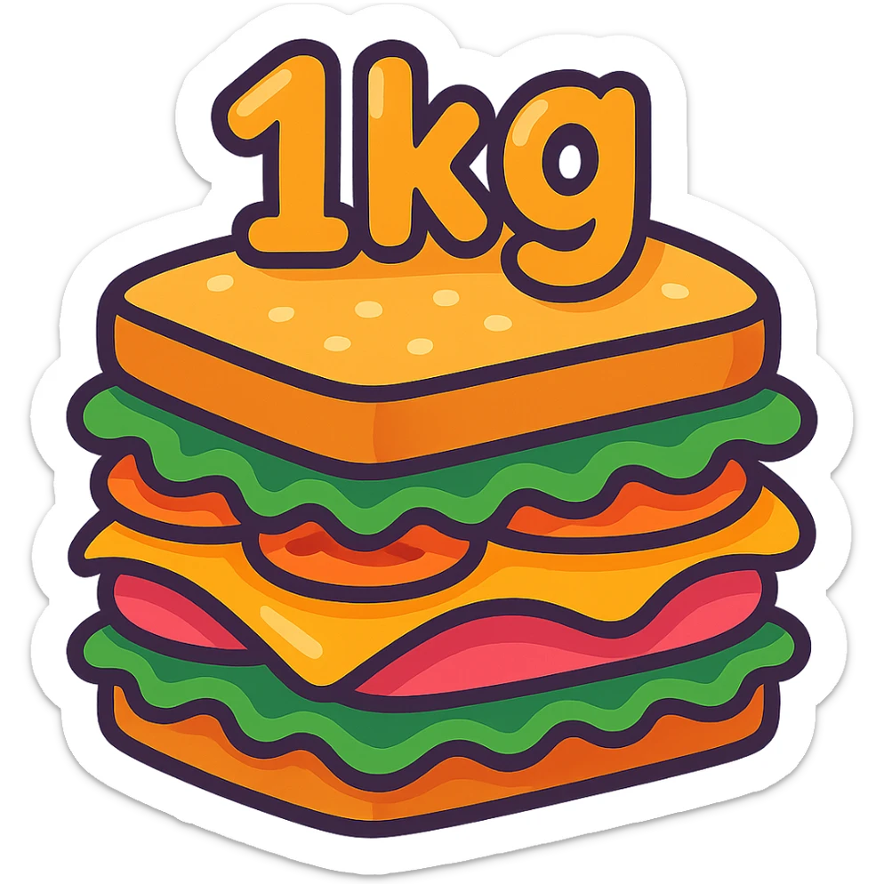 big cartoon sandwich with '1kg' in a bubbly, cartoonish playful font on top sticker