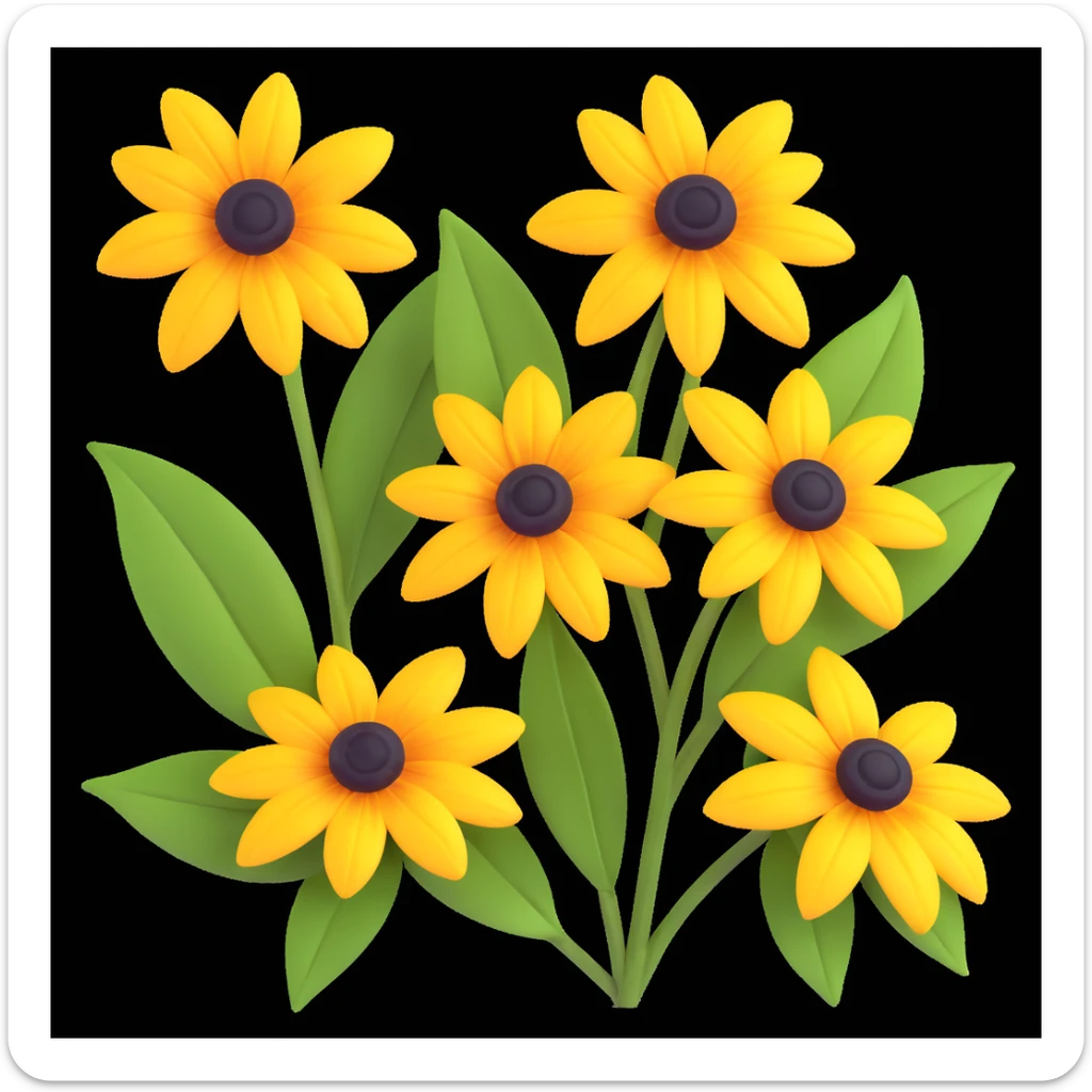 three yellow rudbeckia flowers with green leaves, 3D iOS style, glossy petals, white background sticker