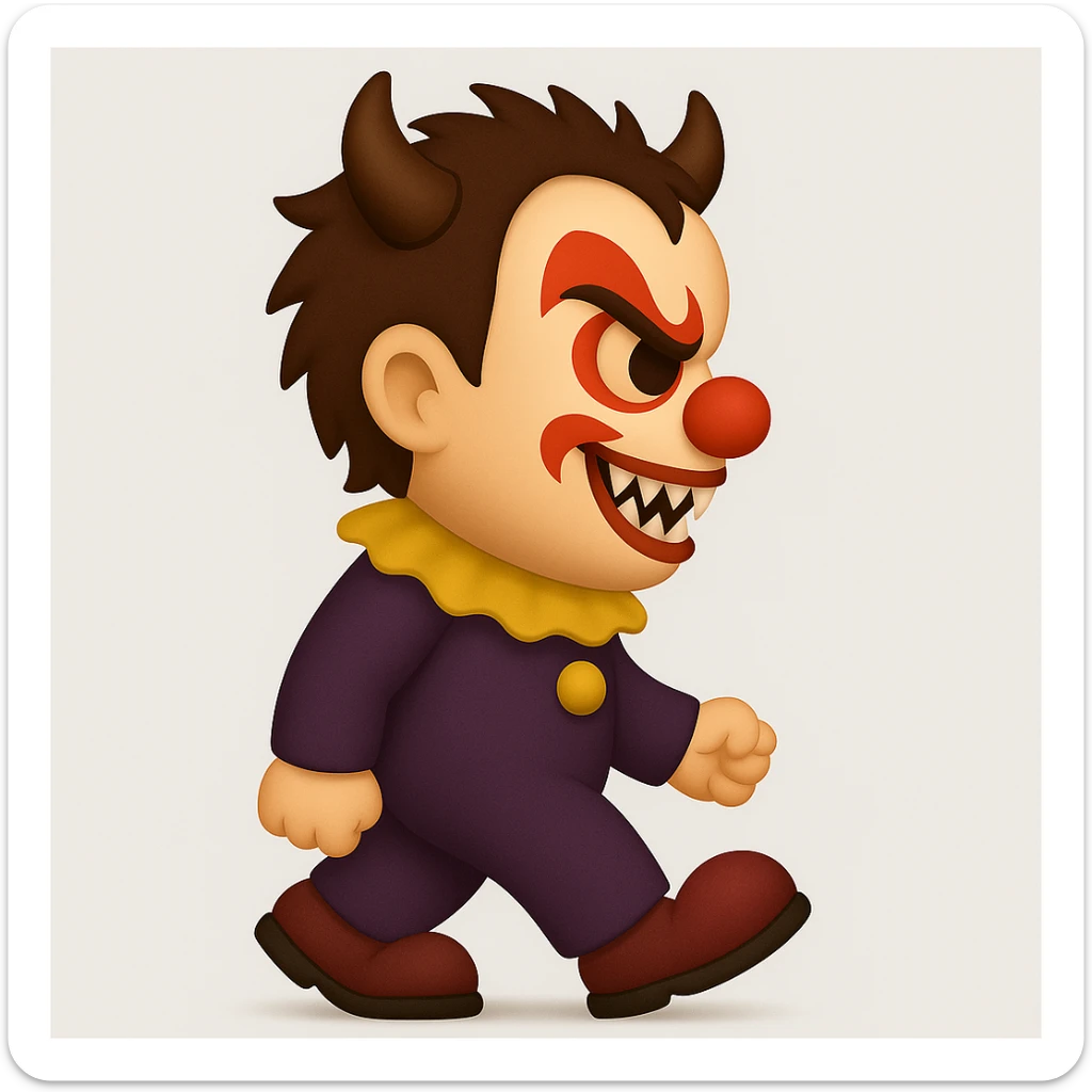 Create an emoji art style full body illustration of a child demonic clown with horns and fangs, facing to the left. Maintain the spirit and expression of the original character shown in the reference image. sticker