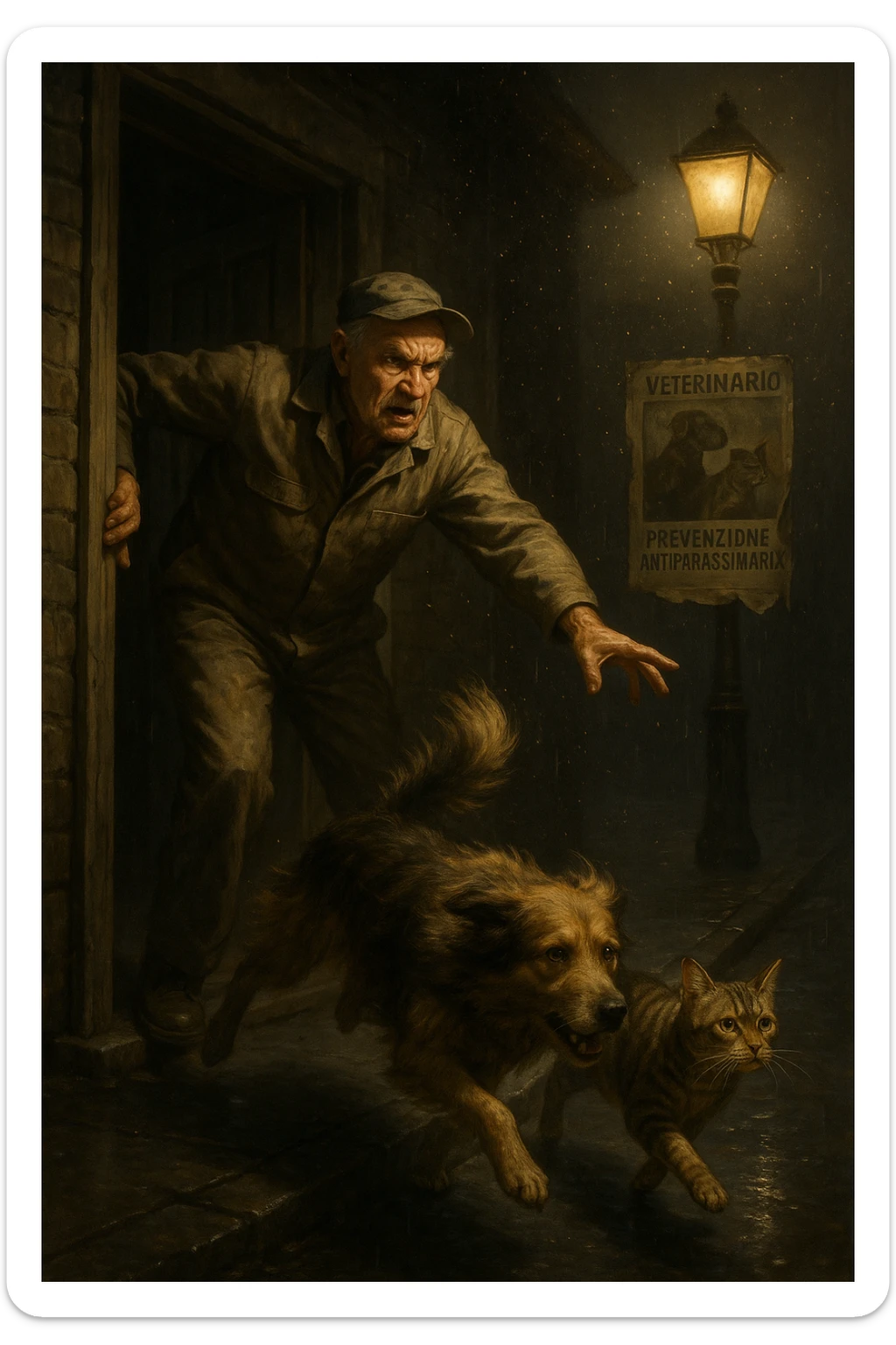 Un uomo anziano in tuta da lavoro, con espressione arrabbiata, butta fuori i suoi animali con aperta la porta di casa mentre il suo cane (un meticcio a pelo lungo) e il gatto (soriano) scappano nella strada buia sotto la pioggia. Particelle di polvere/pulci fluttuano nell'aria illuminata dal lampione. Sullo sfondo, un poster strappato del veterinario con scritto 'Prevenzione antiparassitaria'. Stile fotorealistico, illuminazione Caravaggesca, toni grigi e ocra. in italiano sticker