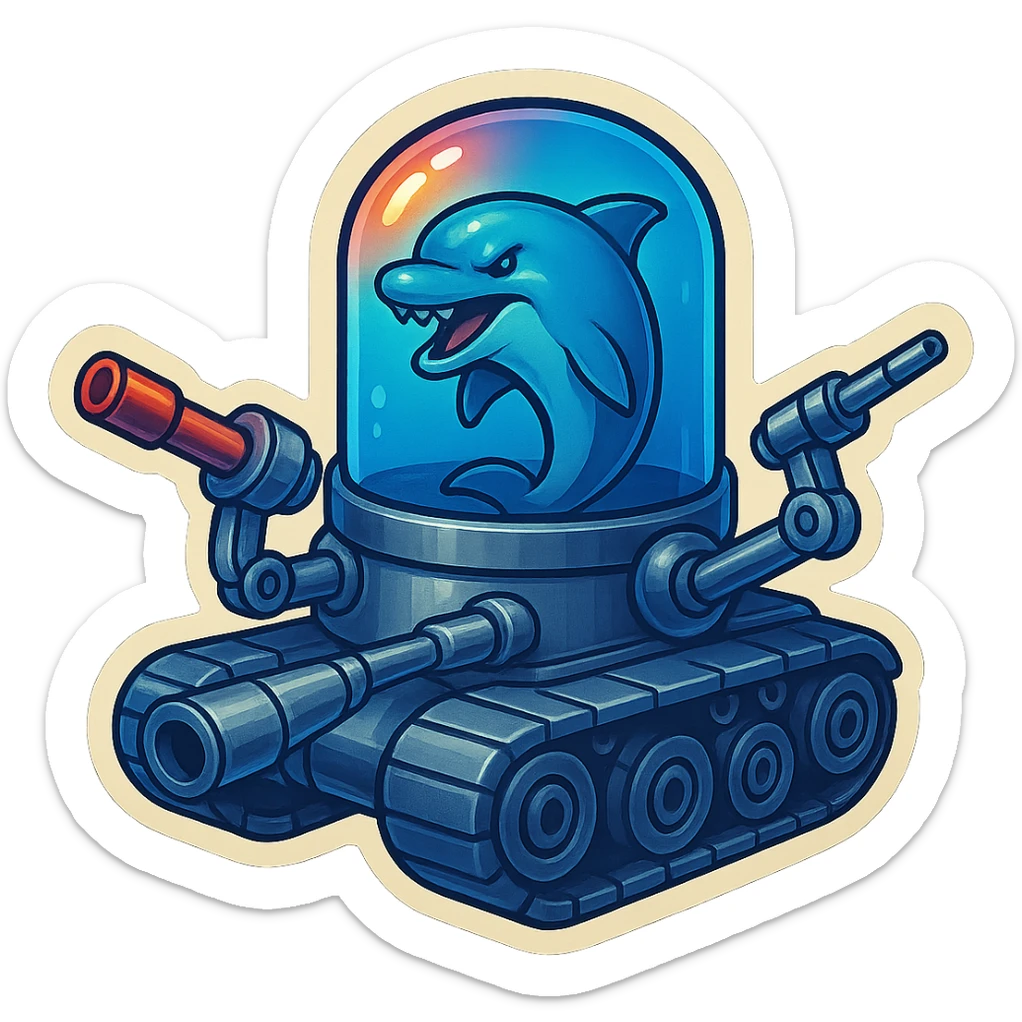 Menacing dolphin in a water tank mounted on tank treads, shiny grey metal parts, blue water in tank, some forward-facing missiles and large guns, retro sticker style, no border, clean and vibrant with transparent background sticker