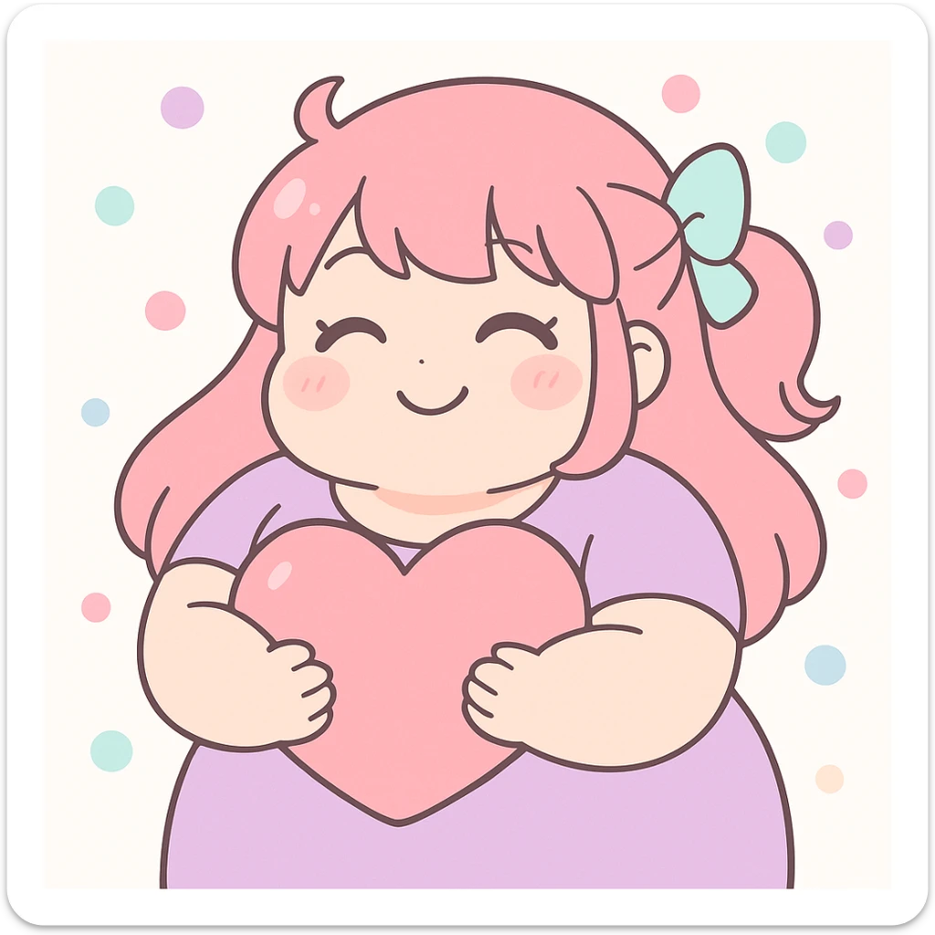 bbw anime girl smiling with closed eyes, holding a big heart, kawaii anime style, vibrant colors sticker