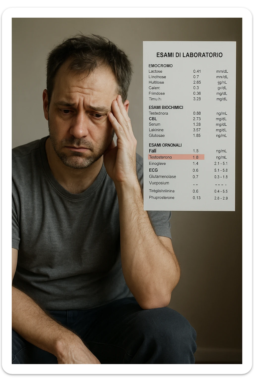 Un uomo caucasico di 35-45 anni, in CGI fotorealistico, che mostra i segni fisici ed emotivi di un basso livello di testosterone. aggiungere un referto medico semi-trasparente fluttuante accanto a lui, con valori di testosterone evidenziati in rosso. in italiano sticker