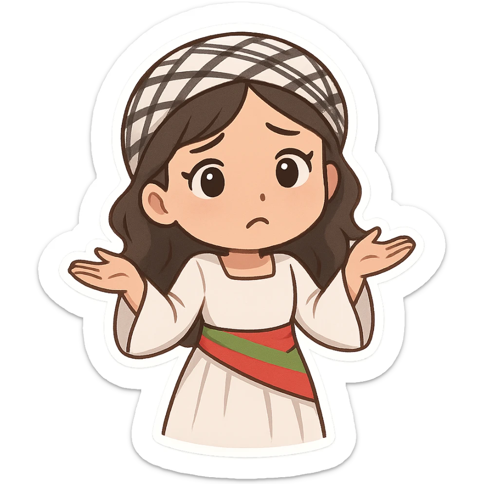 Kurdish woman in a new dress, arms raised, palms up, confused face, no text sticker