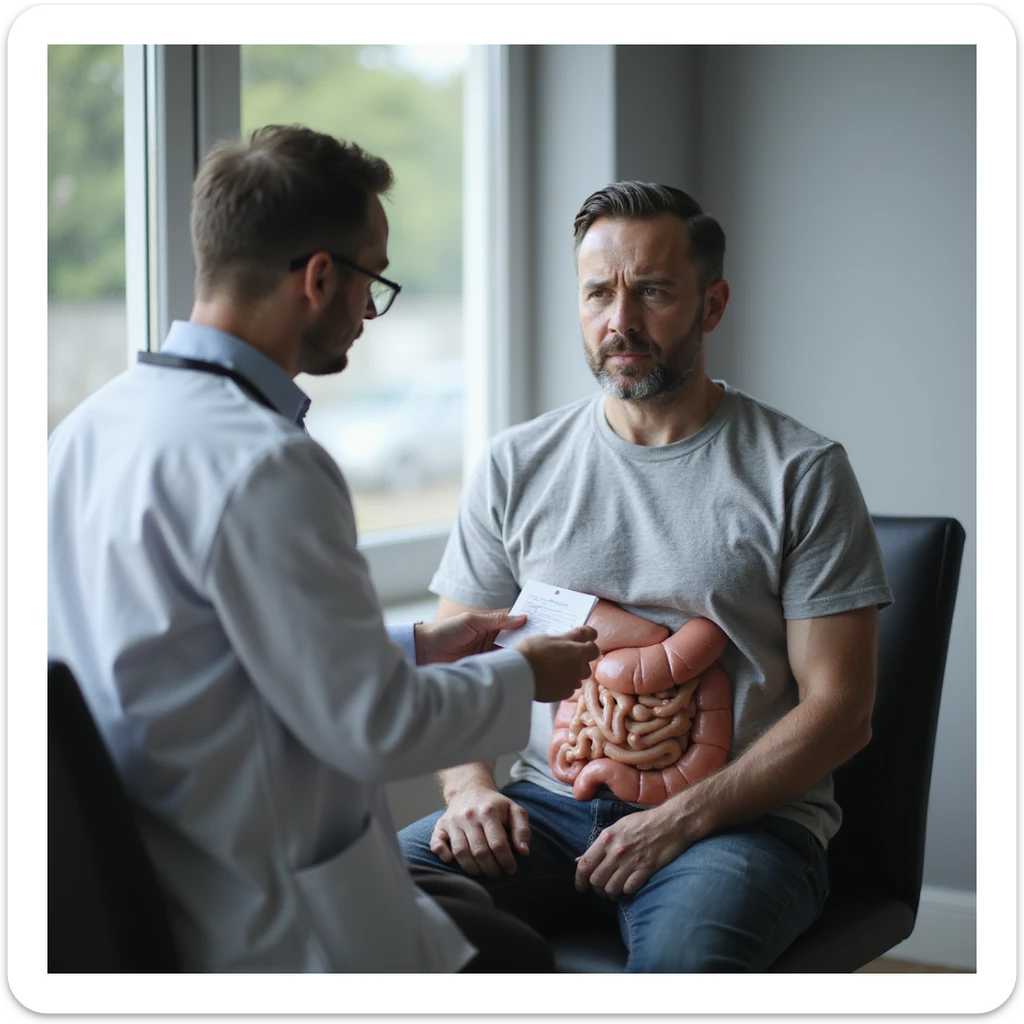 realistic 28-year-old man consulting a doctor for gastrointestinal symptoms, receiving prescription for tests, clinical environment sticker