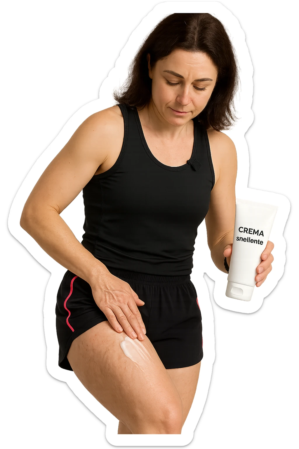 Donna con cellulite sulle cosce che usa una crema chiamata "Crema snellente" senza mano in alto sticker