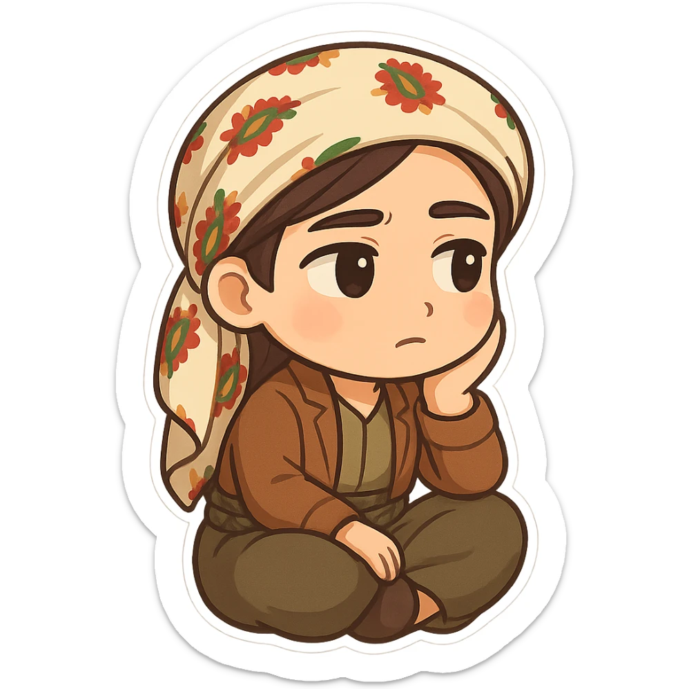 Kurdish sticker, cartoon style, Kurdish man or woman in jamadani, sitting with head on hand, looking away, lost in thought, no text sticker