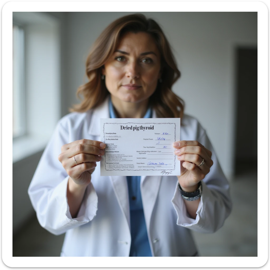 woman showing the medical prescription she just received, 'Dried pig thyroid' clearly visible, clinical environment, natural light, hyperrealistic 4K sticker