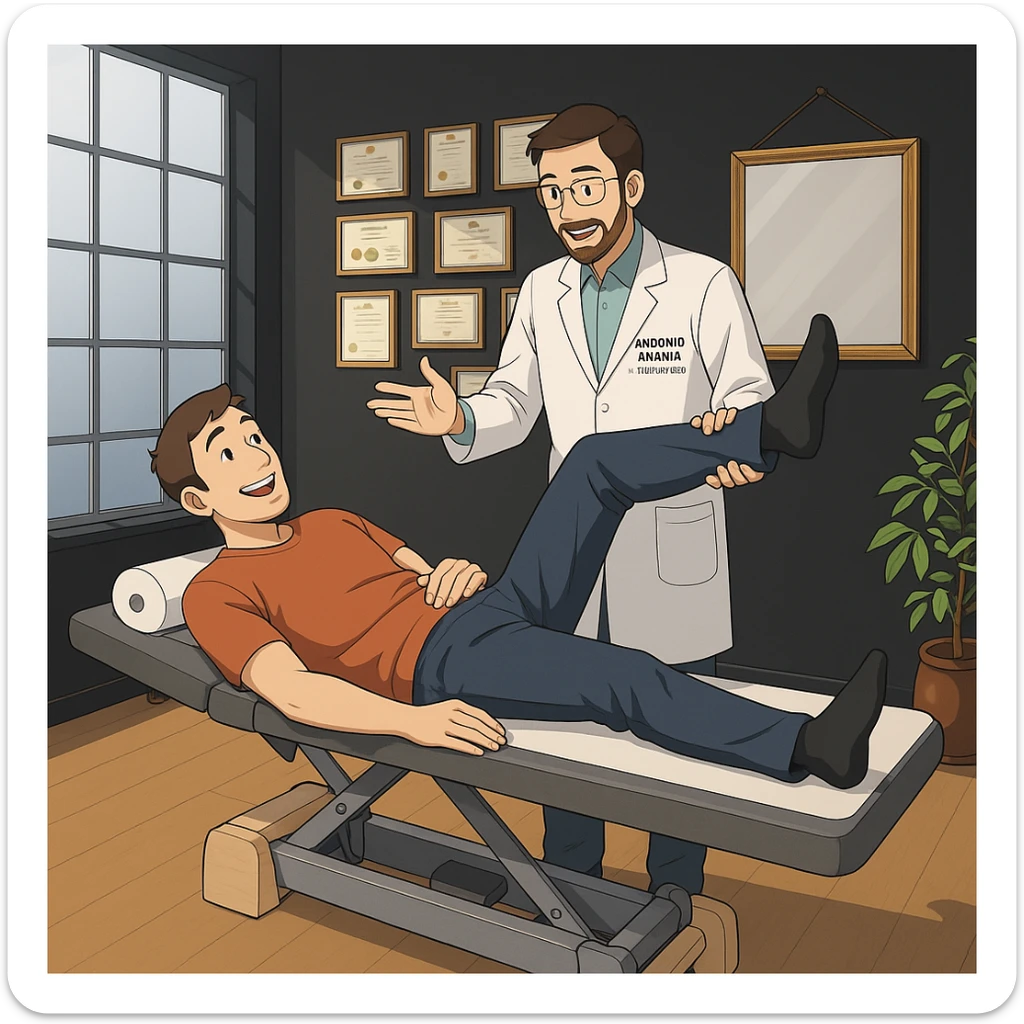 su questo lettino rappresenta un webtoon manga a colori con questo stile, in cui un uomo è steso sul lettino medico e il kinesiologo con il camice bianco (fagli anche la scritta "ANTONIO ANANIA" SUL CAMICE, gli solleva una gamba per fargli il test neuromuscolare, IL KINESIOLOGO SPIEGA ALL'UOMO UNA cosa mentre gli alza la gamba. l'espressione dell'uomo è felice e soddisfatta, non fare i fumetti però, fai solo in modo che sembri stiano parlando sticker