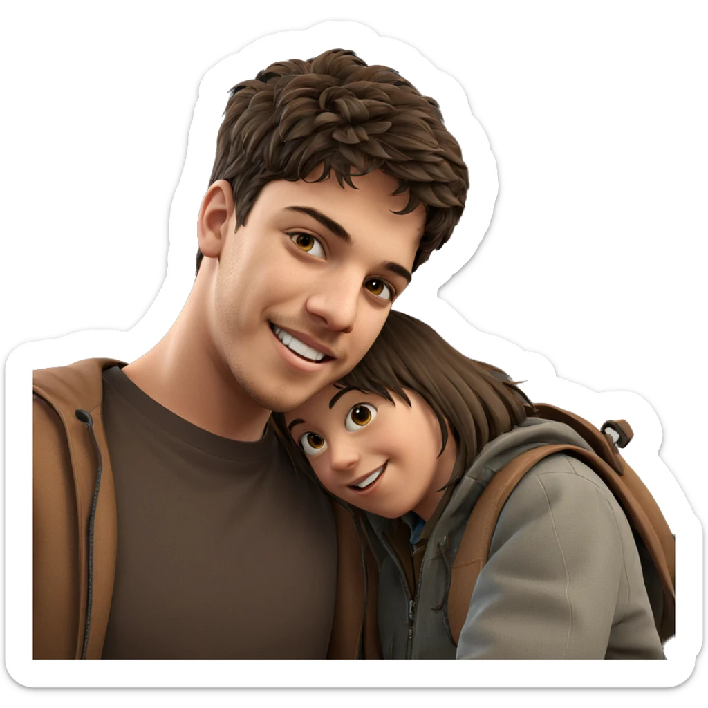 smiling boy in brown jacket sticker