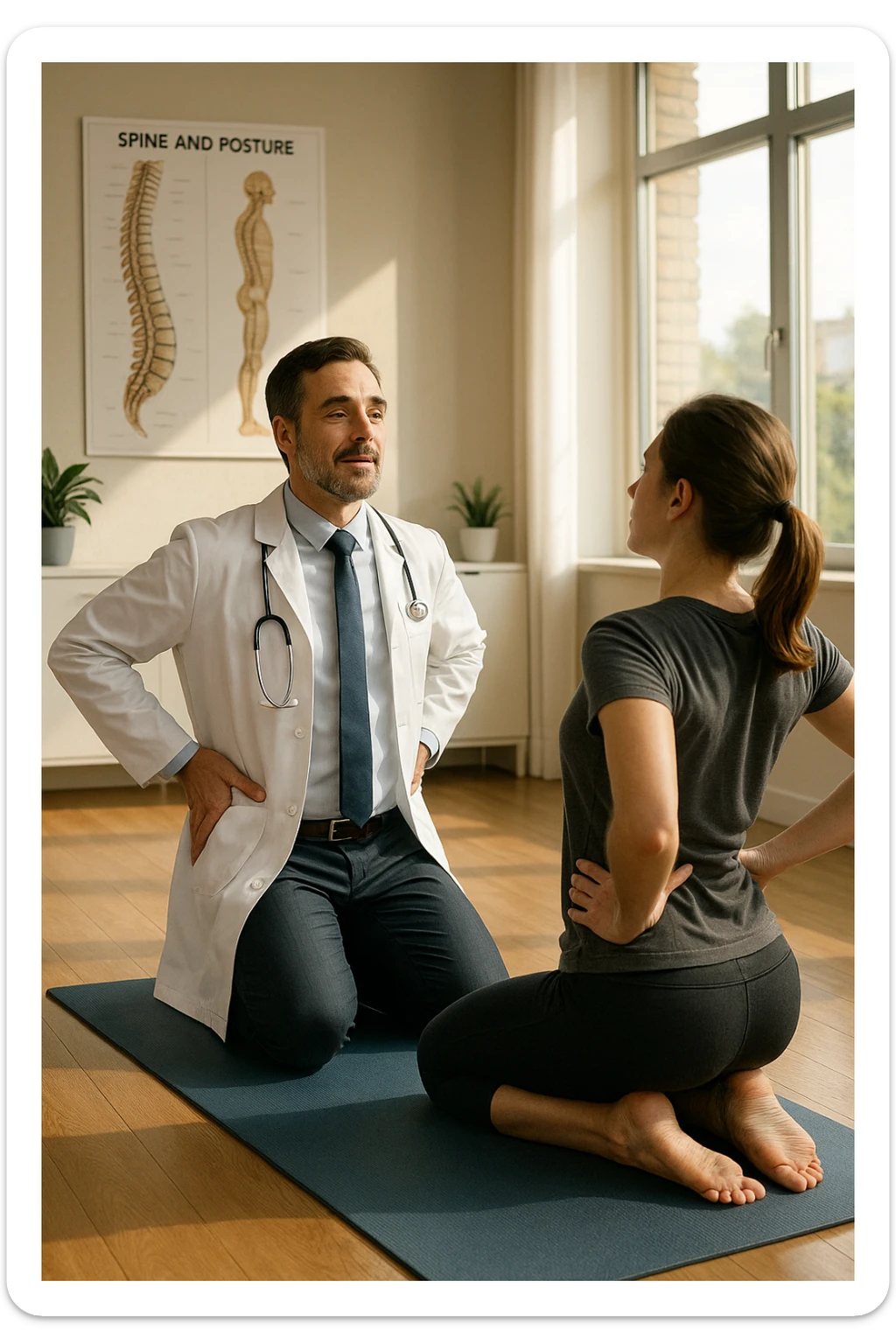 A realistic, cinematic illustration of a professional doctor in a white coat inside a bright, modern medical office, demonstrating a simple stretching exercise to a patient for improving posture. The doctor, calm and encouraging, shows a gentle spinal extension stretch while explaining its benefits for posture and spinal health, with an anatomical poster of the spine and posture alignment in the background. The scene includes a yoga mat, clean wooden floors, and natural light streaming through large windows, creating a warm, health-focused atmosphere. The patient, in comfortable activewear, watches and mirrors the stretch, emphasizing the preventive and therapeutic role of stretching for posture correction under medical guidanc sticker