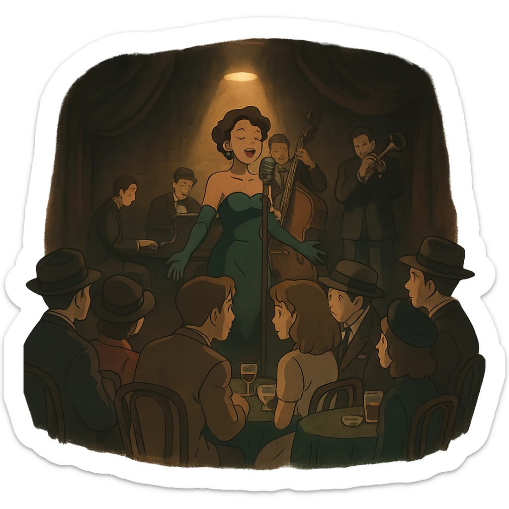 1940s jazz nightclub scene, ghibli style, moody lighting, no text sticker