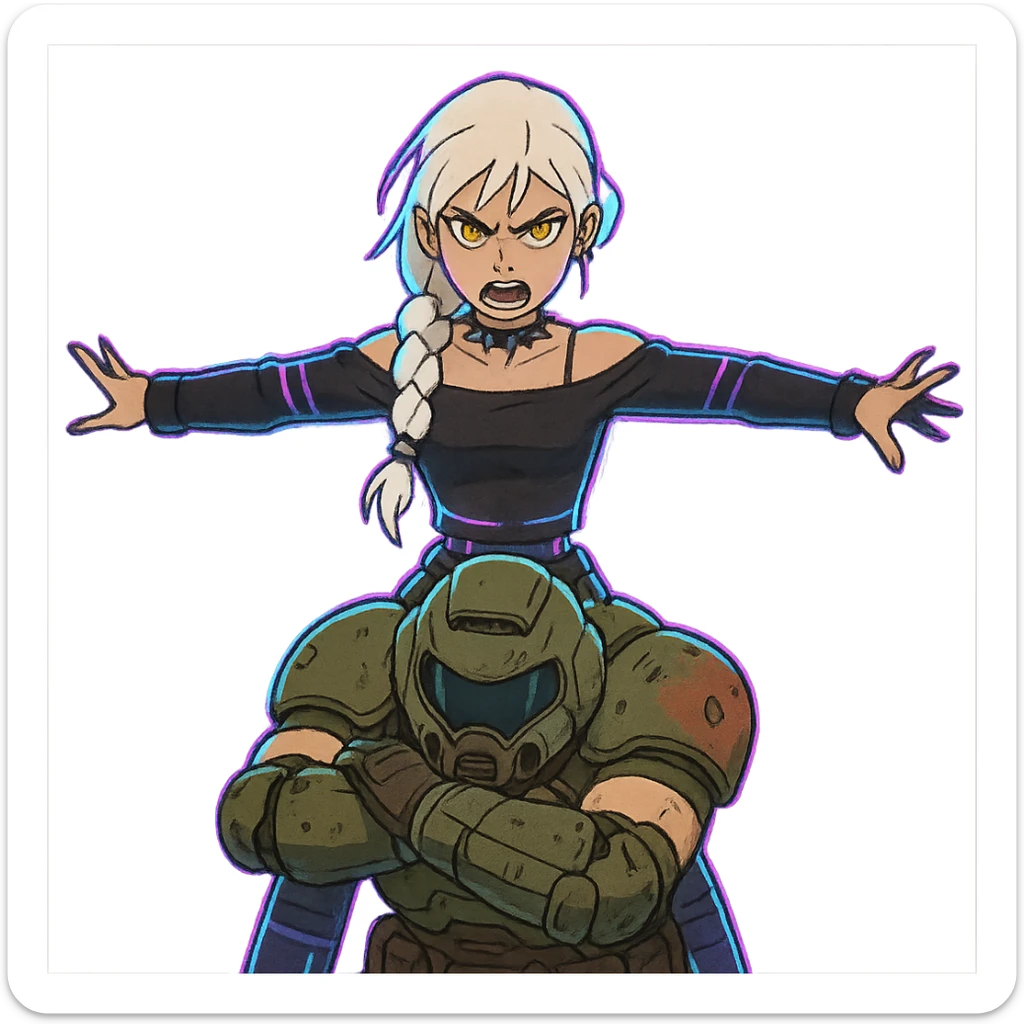  young woman with gold yellow eyes, white hair, long braid, black off-shoulder top, punk gothic style, futuristic cyberwave cyberpunk,, she is aggresively t-posing over a cowering doomguy sticker