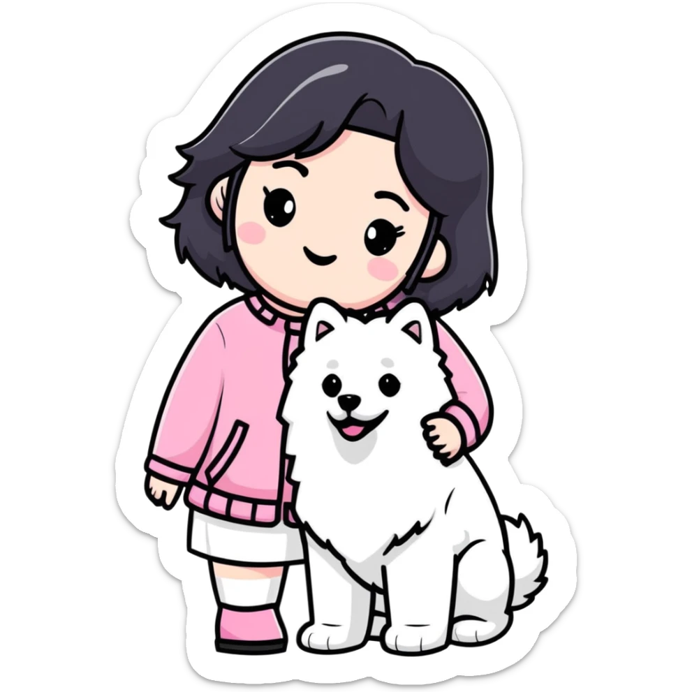 black-haired girl in pink Chanel style outfit with white Samoyed dog sticker