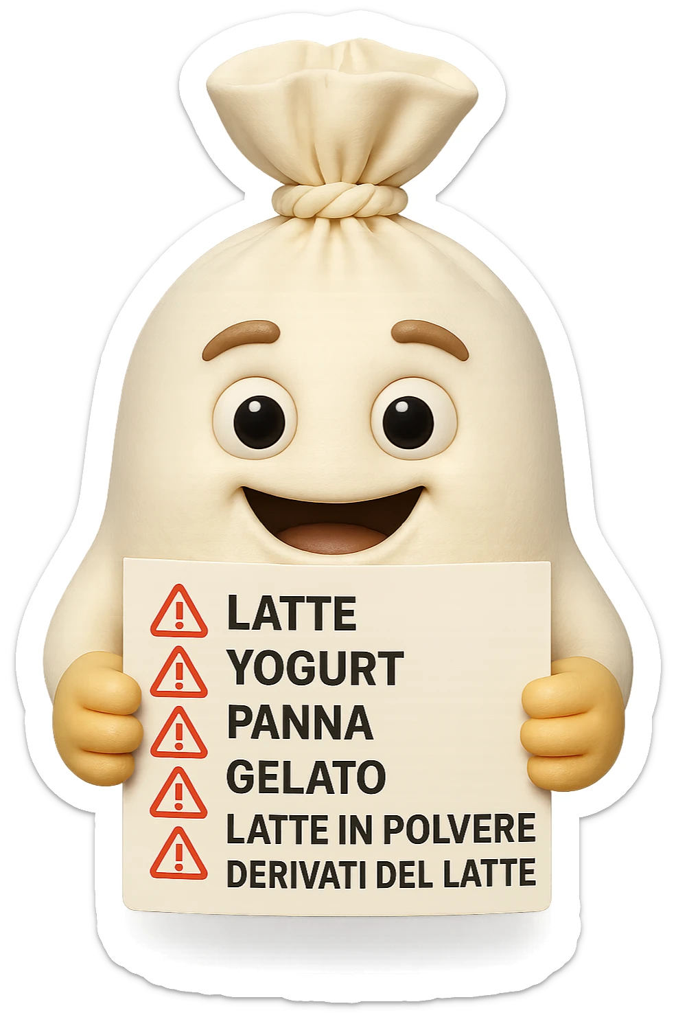 SU QUESTO STILE FAI UN EMOJI STILE IPHONE 3D DI UNa busta di mozzarelle con ETICHETTA CON GLI INGREDIENTI SCRITTI, "latte, yogurt, panna, gelato, latte in polvere, derivati del latte." accanto ad ogni nome scritto mettici un segnale di allarme, FALLO MOLTO REALISTICO IN 3D sticker