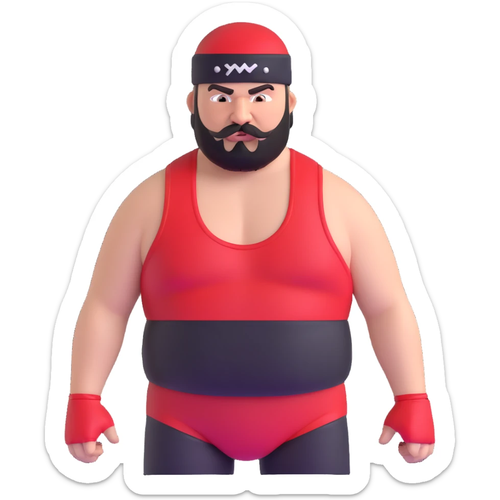 Close-up of very fat white skin guy with young face, beard and mustache, no muscle with prominent black durag, black eyes in a red and black wrestling singlet with angry face sticker