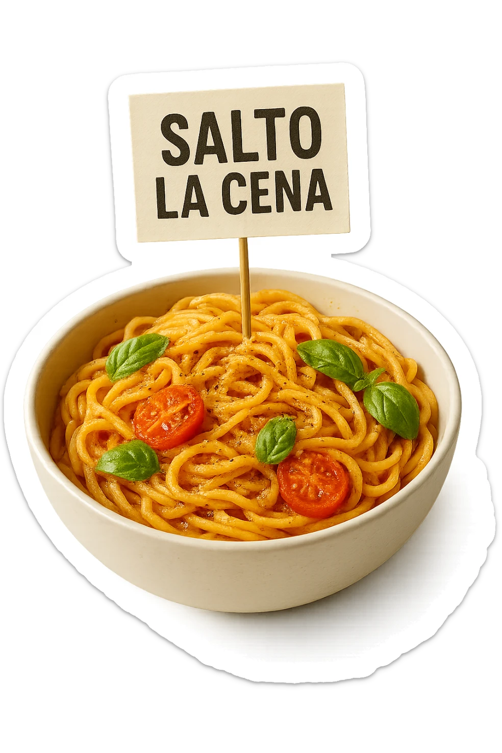 BOWL DI PASTA CON CARTELLO CON LA SCRITTA "SALTO LA CENA",  iperrealistico 4k sticker