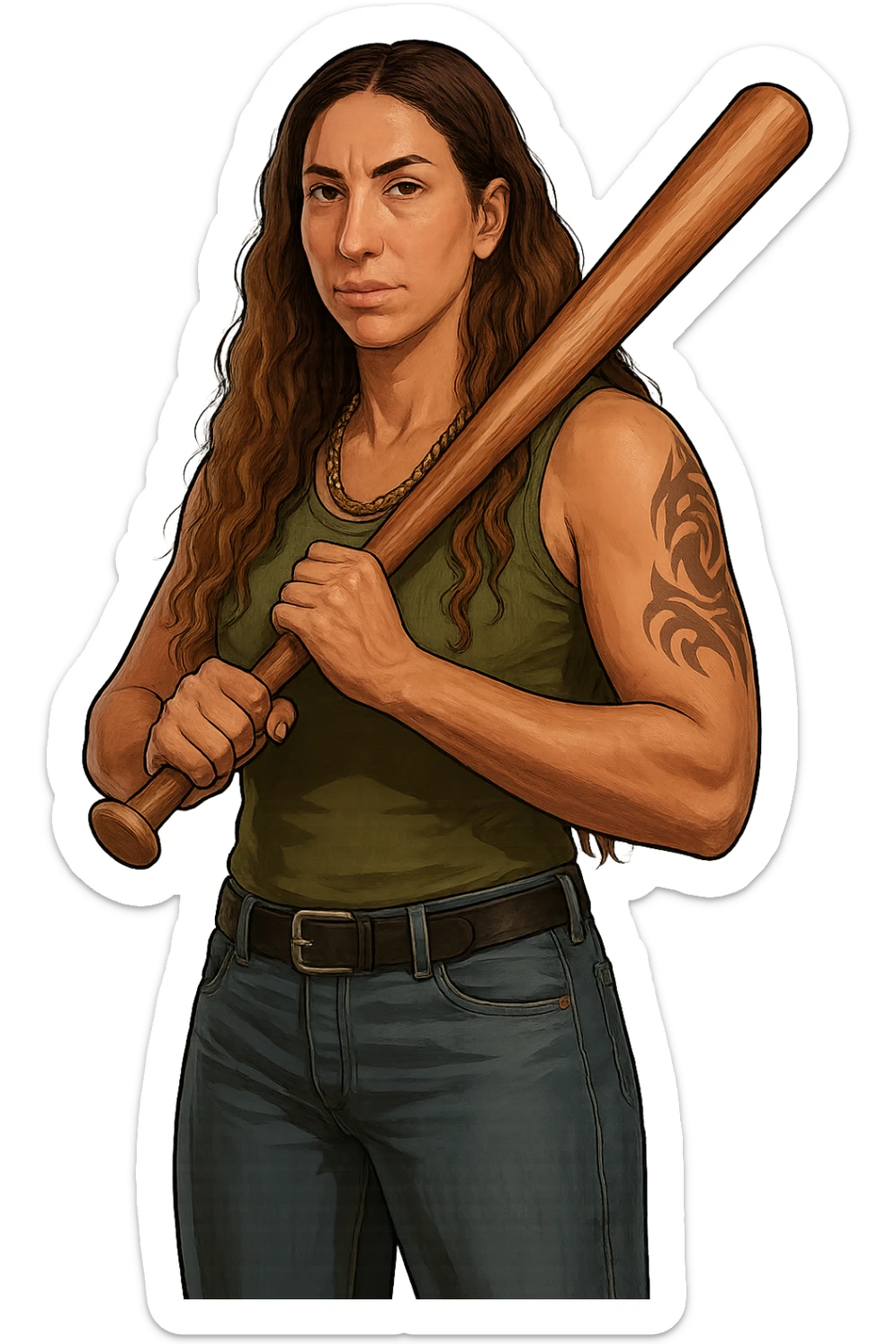Create an image of CJ from GTA San Andreas in the GTA5 art style. The character should be holding a baseball bat and have a streetwise look. The character must resemble the person in the provided reference photos. The background should be removed (transparent). sticker