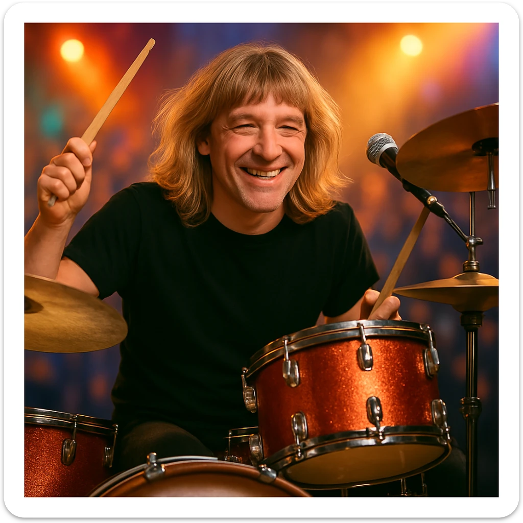 Make the male drummer look older with mature facial features and subtle signs of age, while keeping the long blonde hair on top with bangs and lively atmosphere. sticker