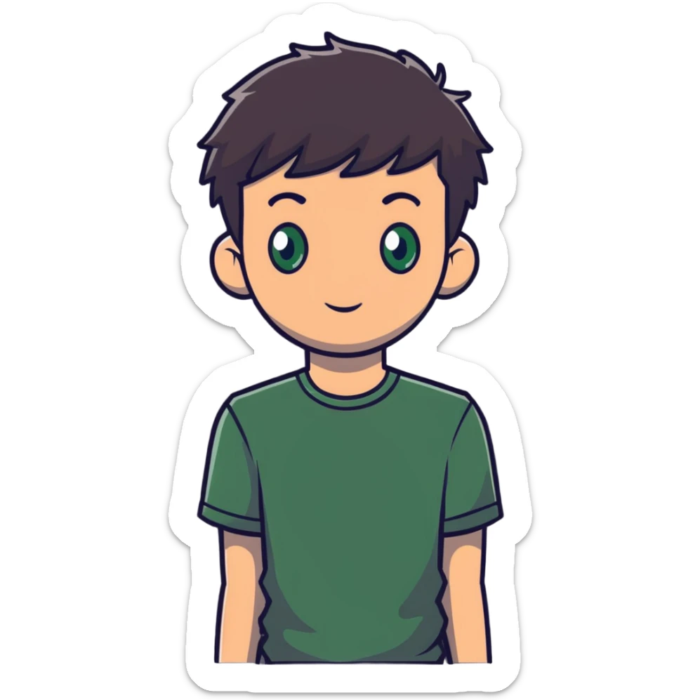 man with dark messy short hair, dark green eyes, wearing a gray t-shirt sticker