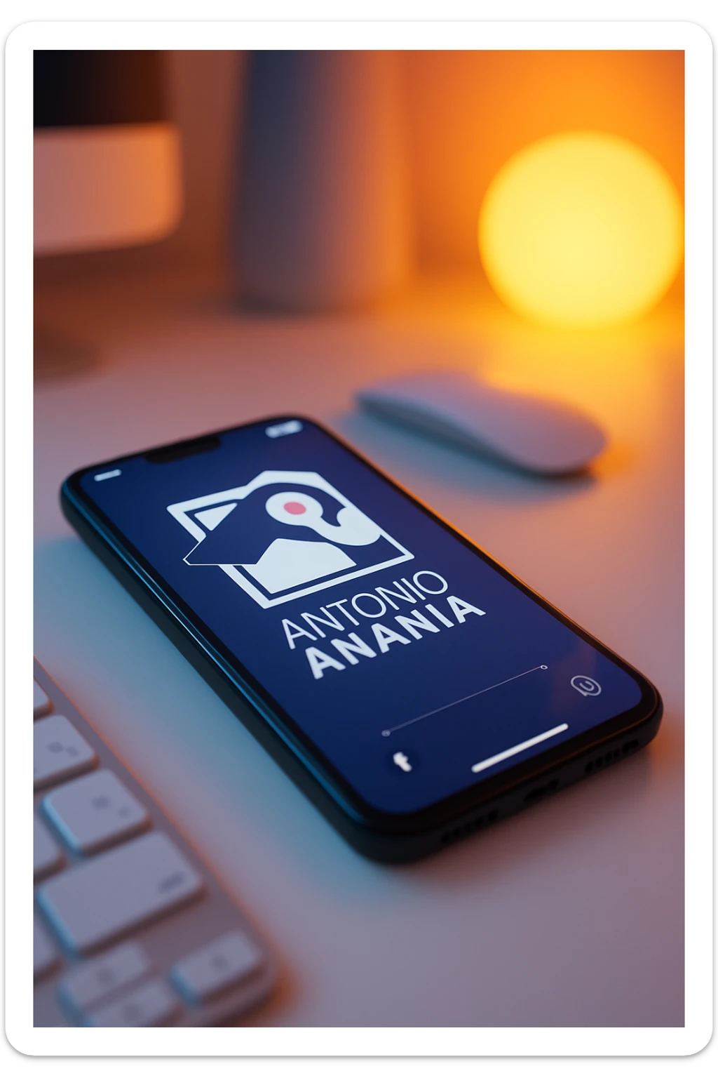A photo of an iPhone on the desk with the logo of "Antonio Anania" on its screen, The phone sits atop a desk with a blurred with the logo in the background that suggests work environment. A faint glow from above casts gentle shadows across the surface of each object, creating depth and highlighting their textures sticker